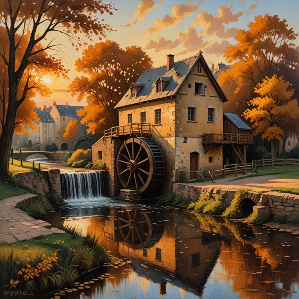 Autumn Watermill at Sunset Near Paris Oil Painting