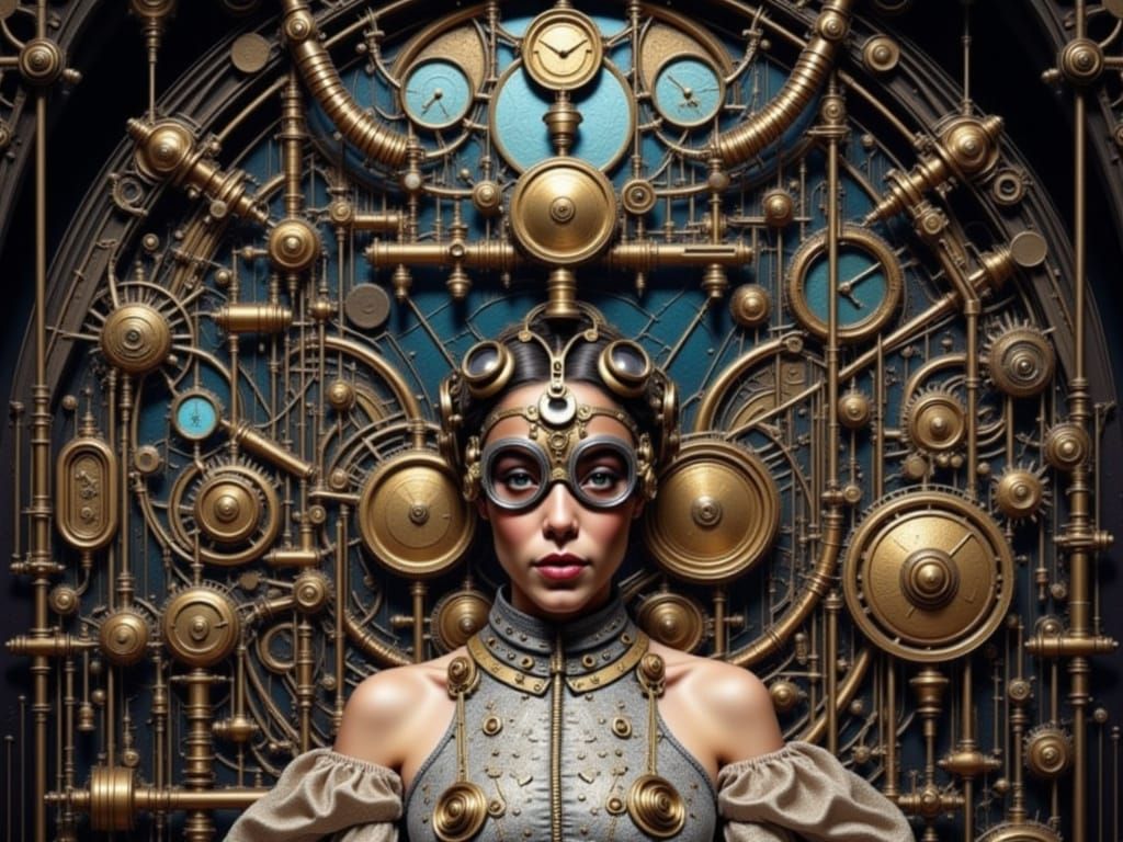 Steampunk Lady Smoking Pipe Amidst Brass Engines