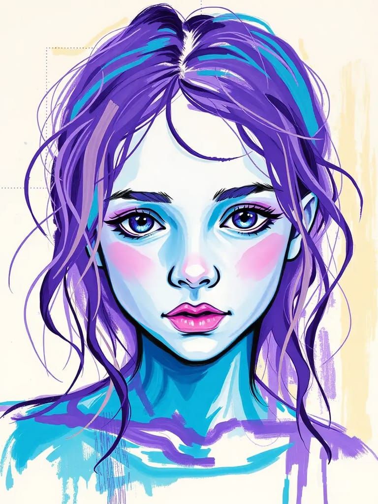 Expressionistic Portrait of a Girl in Purple and Turquoise