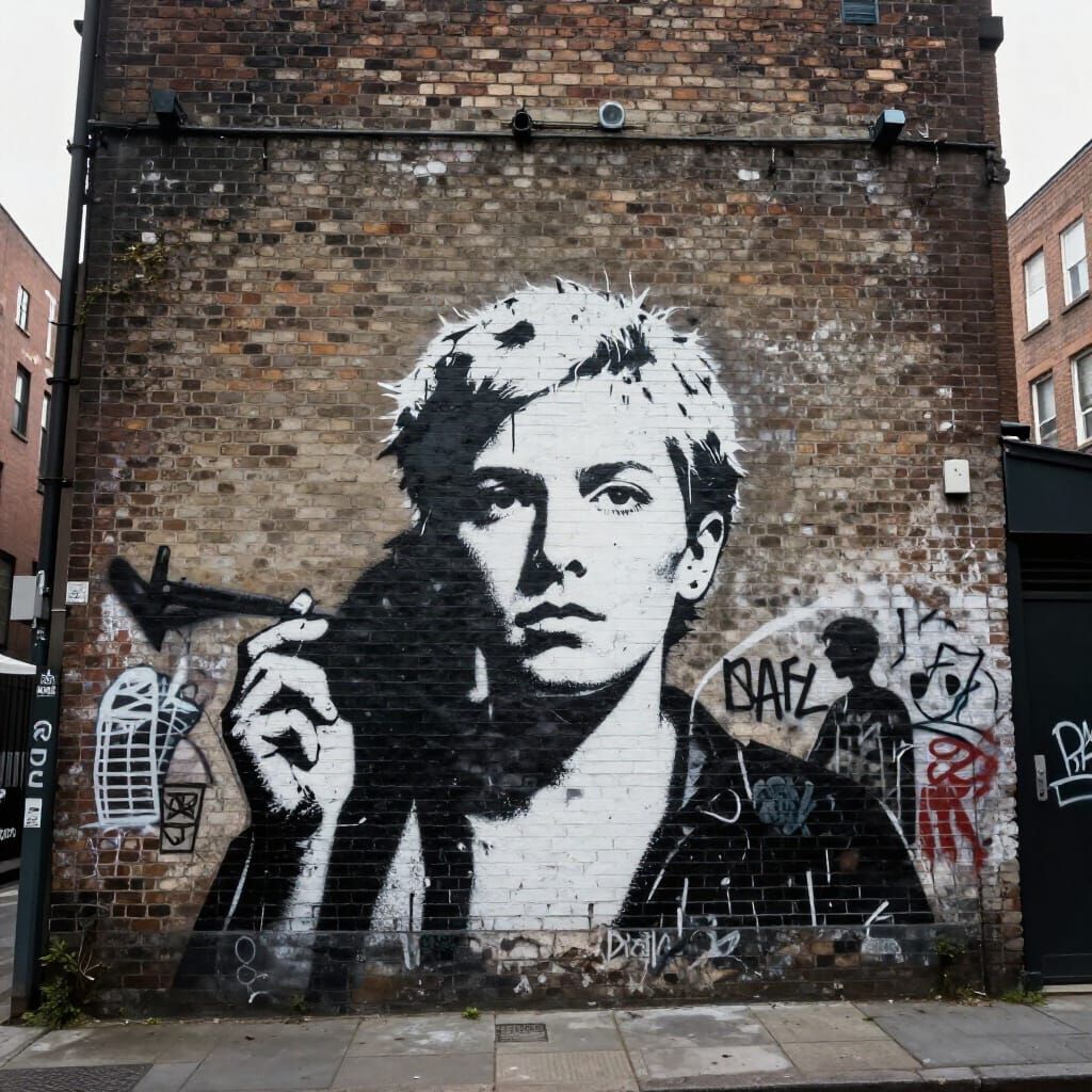 Banksy-Style Stencil Art on Grimy City Wall