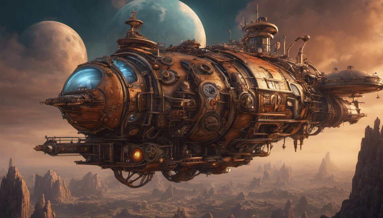 Steampunk Spaceship Cross-Section in Detailed Matte Painting