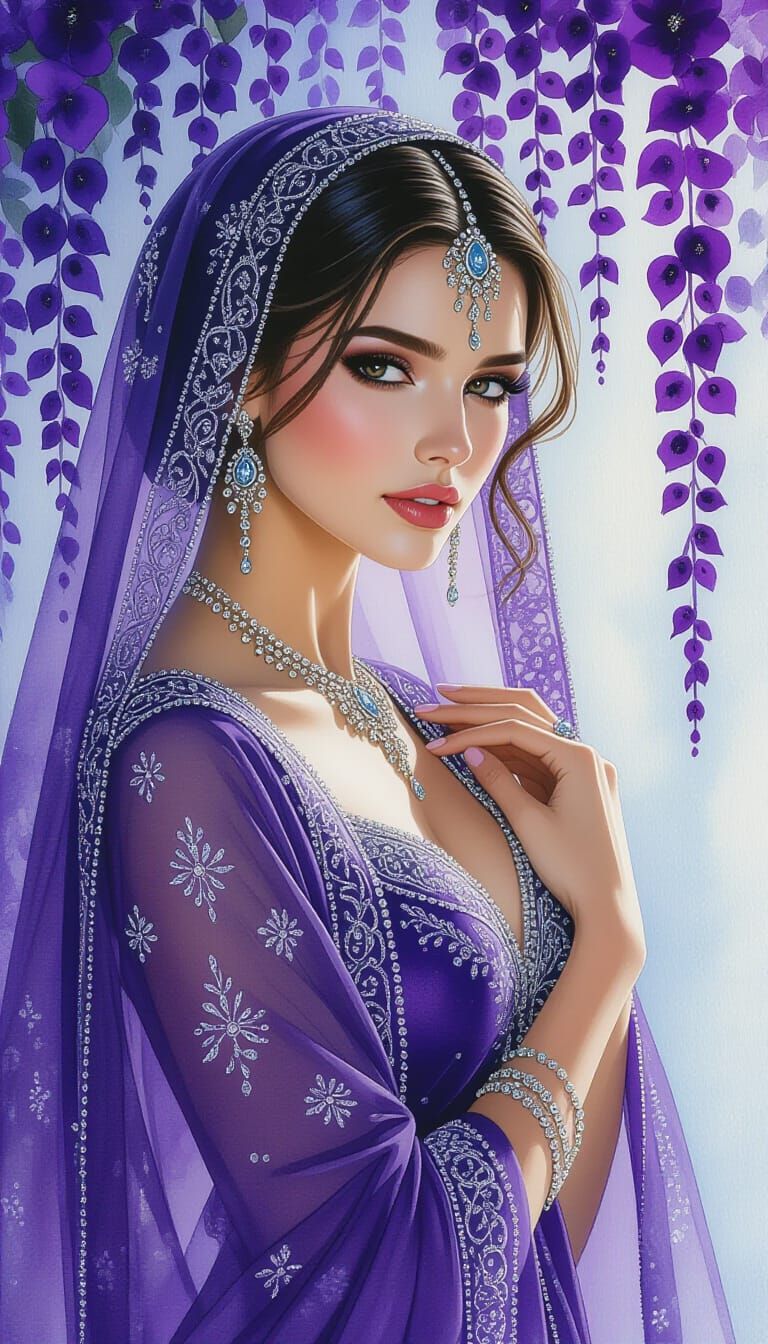 Woman in Violet Veil as Expressive Watercolor