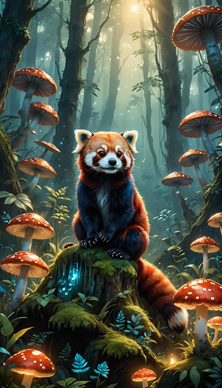 Red Panda in Bioluminescent Forest, Digital Art
