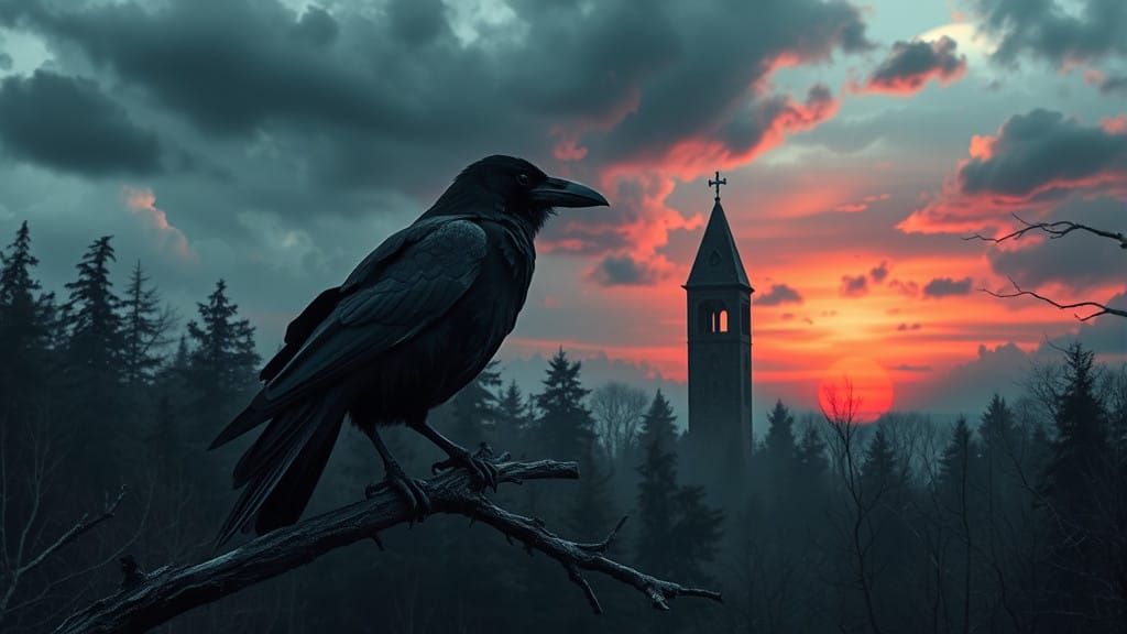 Mysterious Crow Surveys a Haunted Landscape in Gothic Style