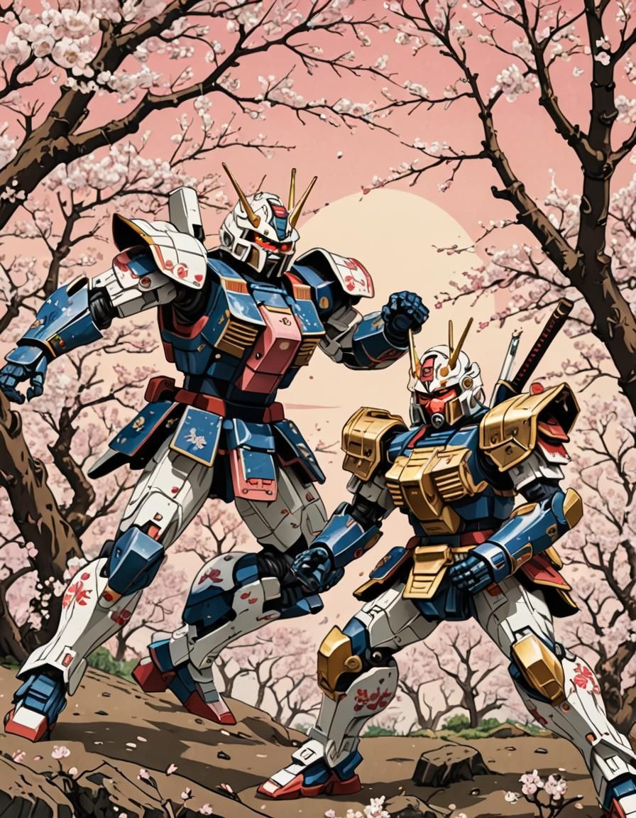 Gundam Battle in Ukiyo-e Style with Cherry Blossoms