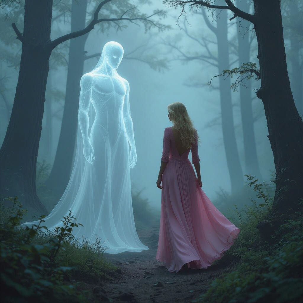 Sad Woman Walks with Invisible Man in Magical Forest