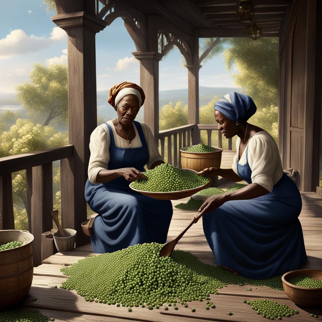 African American Women Shelling Peas: 1920s Matte Painting
