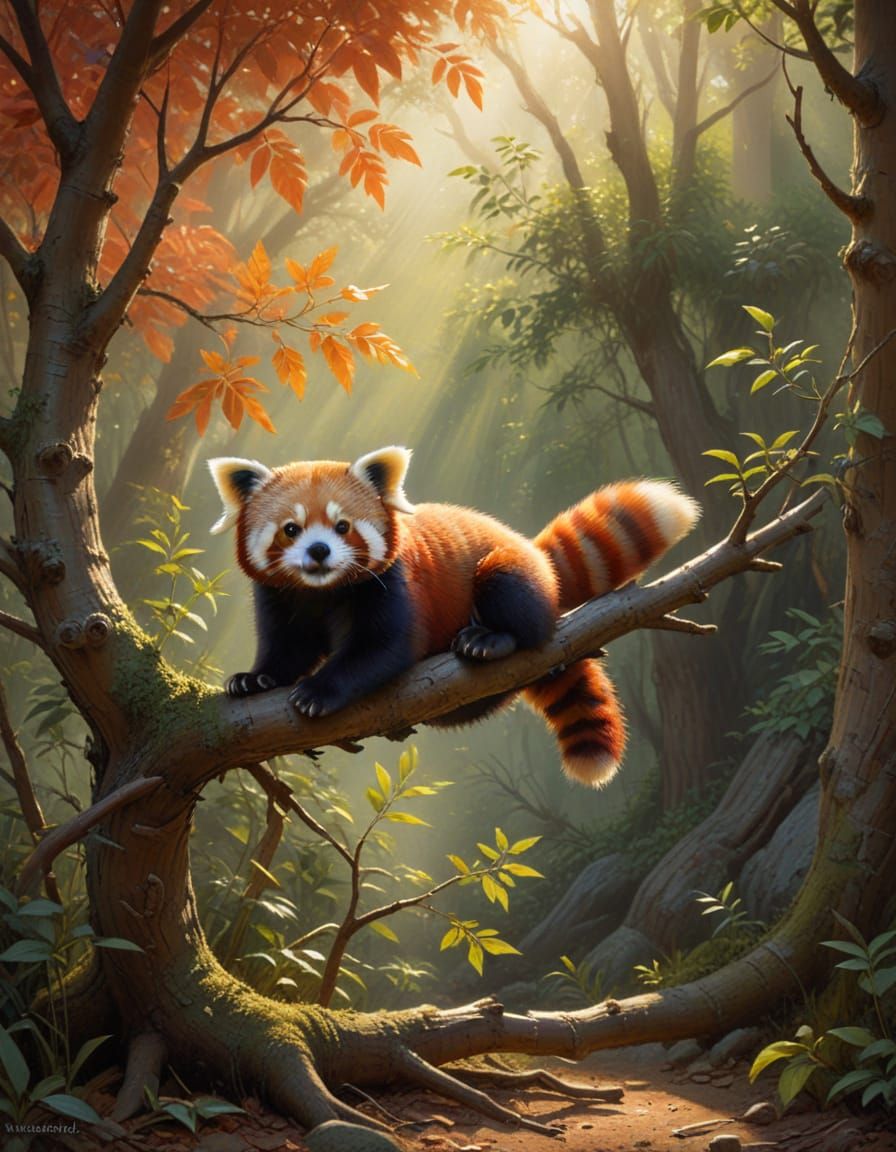 Red Panda Wakes on Branch in Soft Morning Light