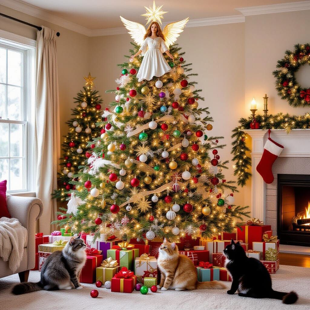 Festive Christmas Tree with Cats and Angel, Storybook Style