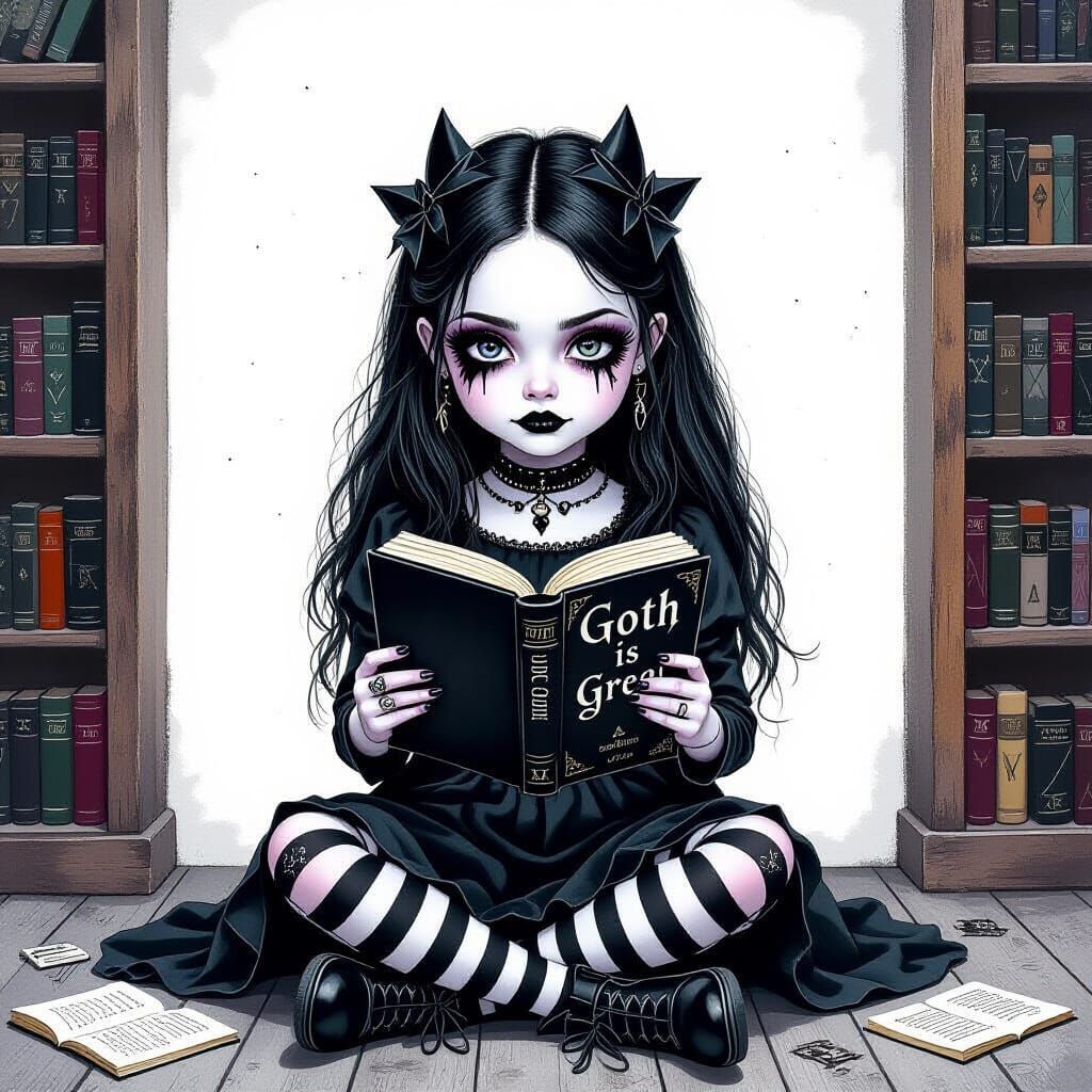 Gothic Girl Reading a Book: Hyperrealistic Watercolor Art