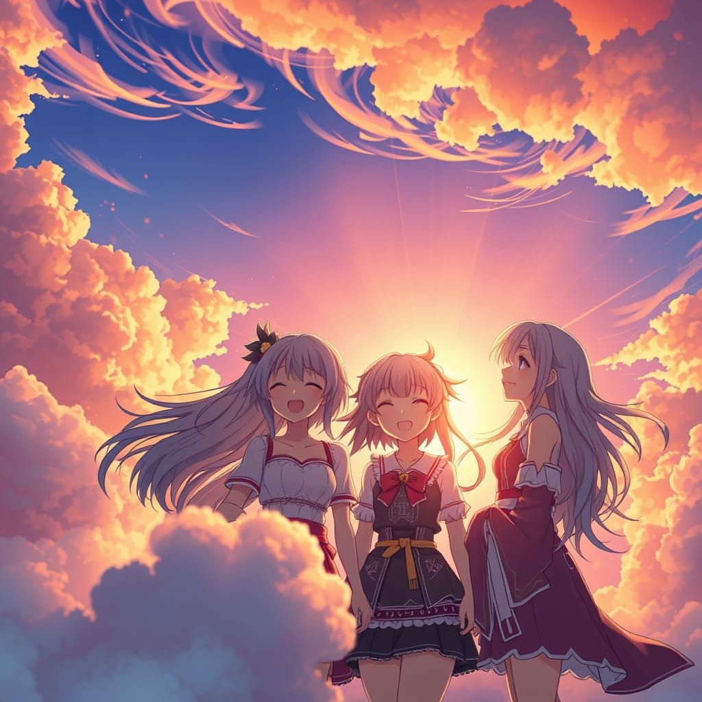 Friends Gathered in Vibrant Sunset Landscape