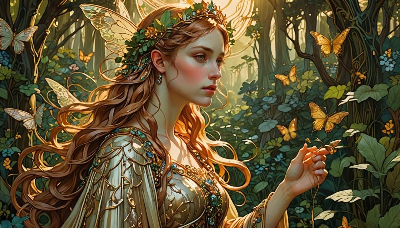 Titania in Dream, Pre-Raphaelite Alphonse Mucha Fusion