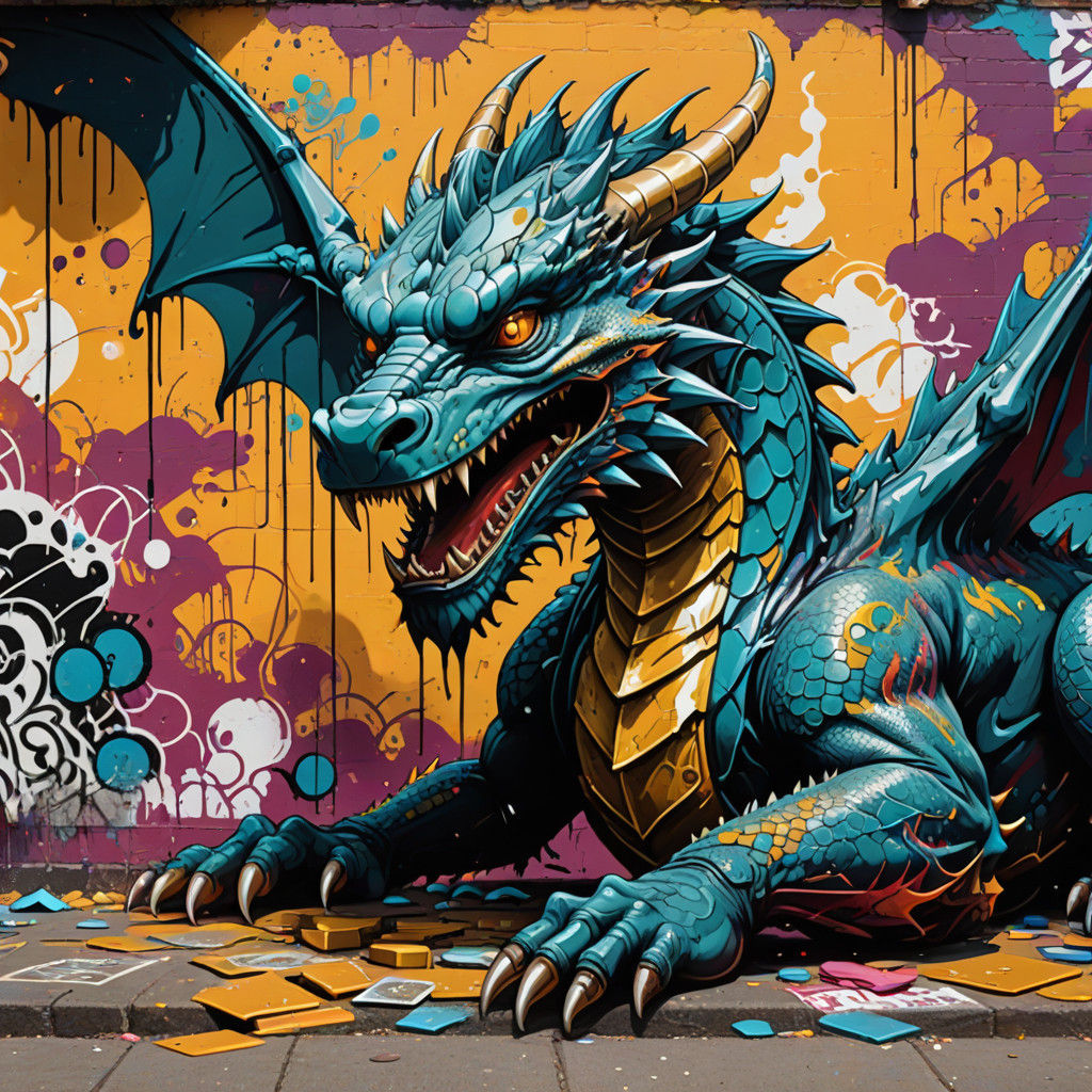 Majestic Dragon Guards Treasure Hoard in Vibrant Urban Graff...