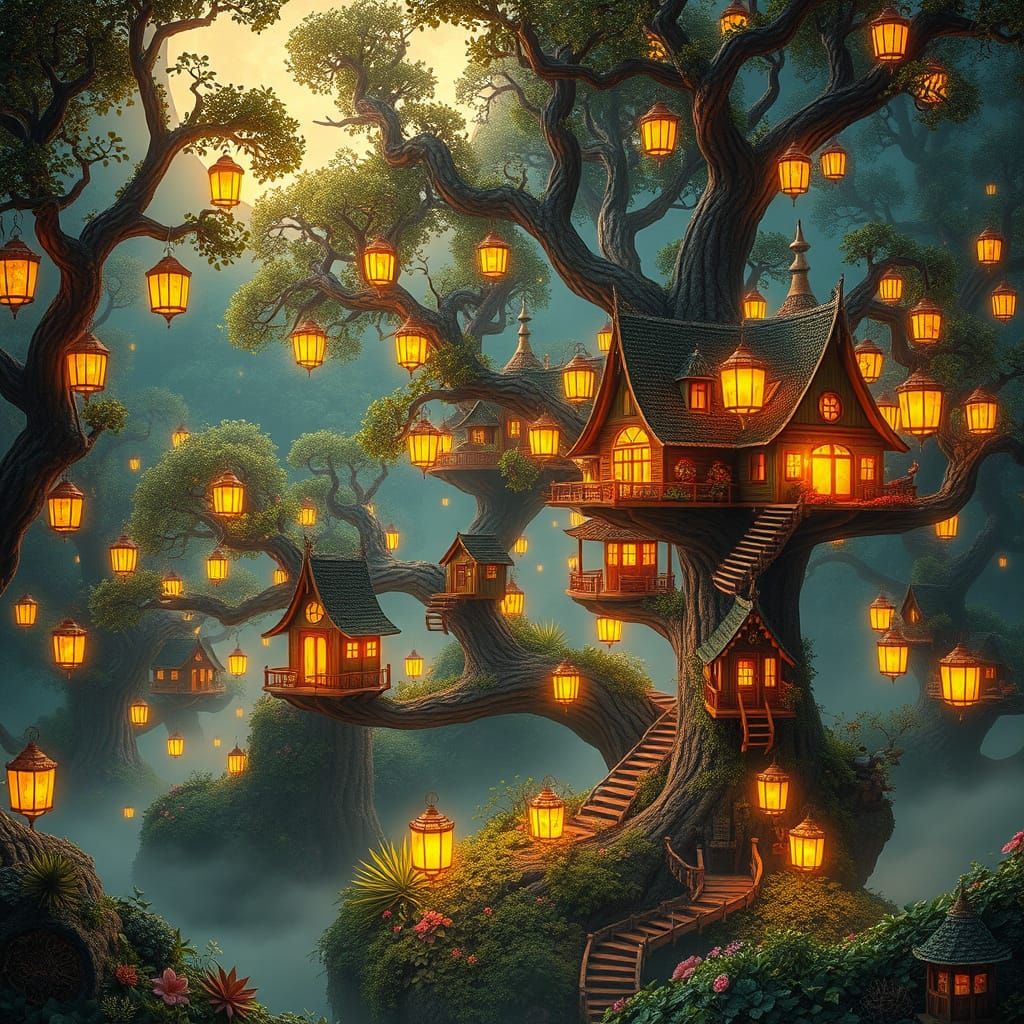 Enchanting Treehouse Village in Mystical Forest Under Full M...