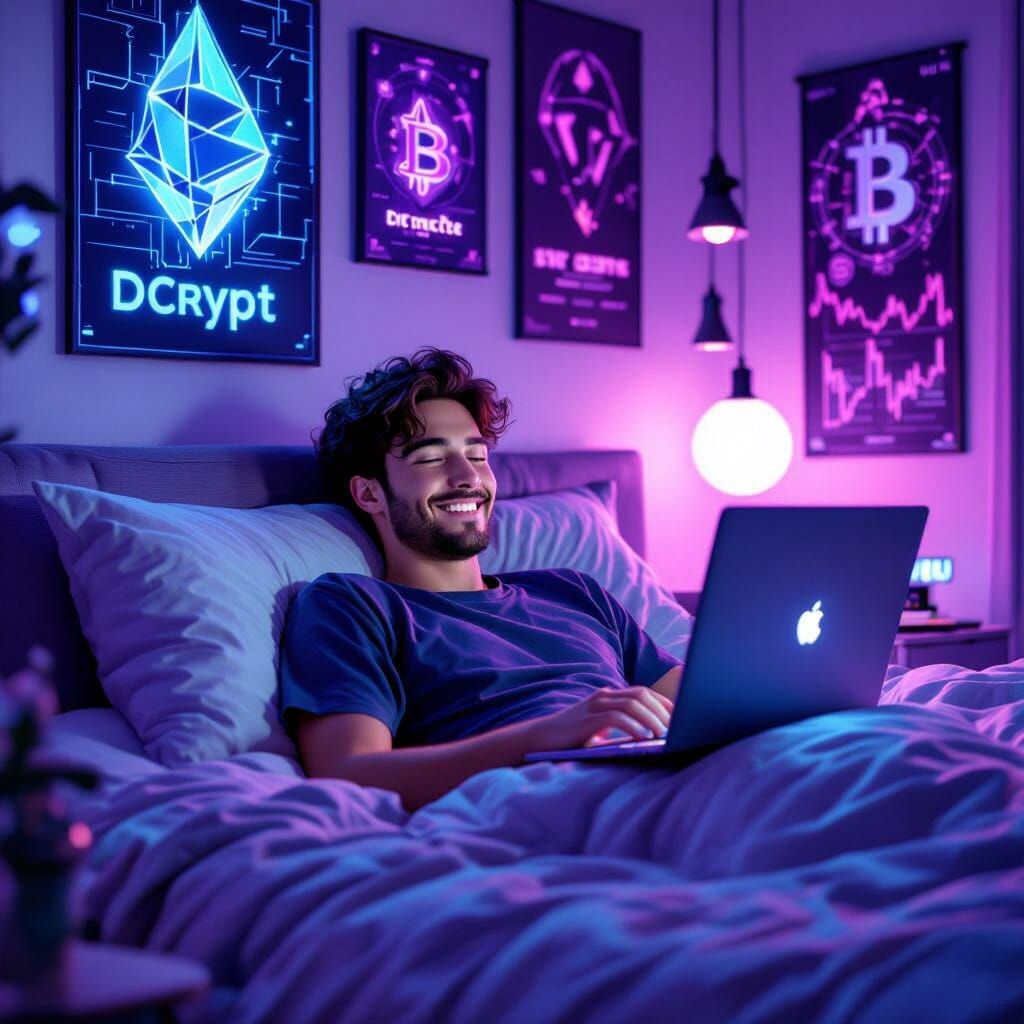Crypto Trader Relaxing in Futuristic Bedroom