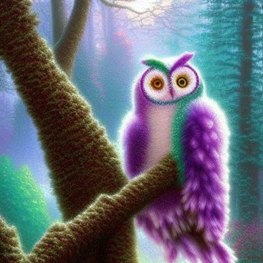 Colorful Fluffy Owls in Ethereal Fantasy Scene