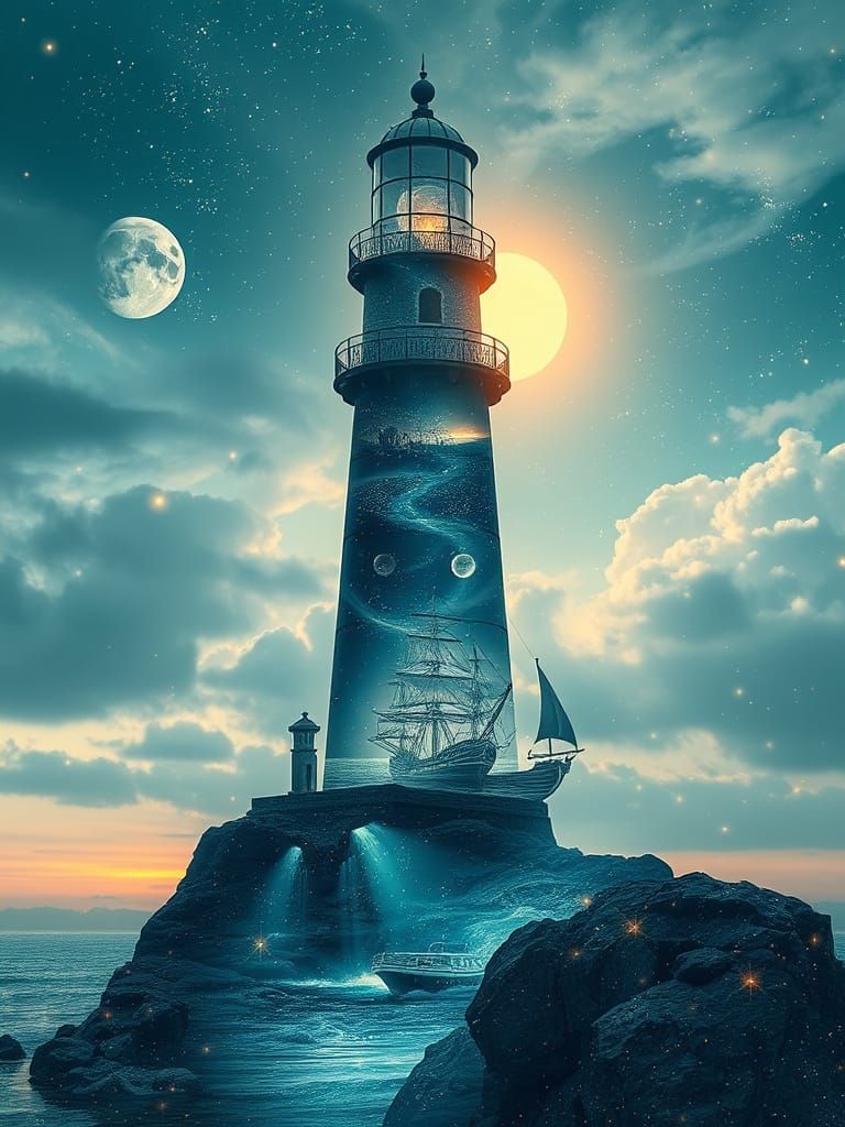 Surreal Lighthouse Double Exposure with Glowing Seascape