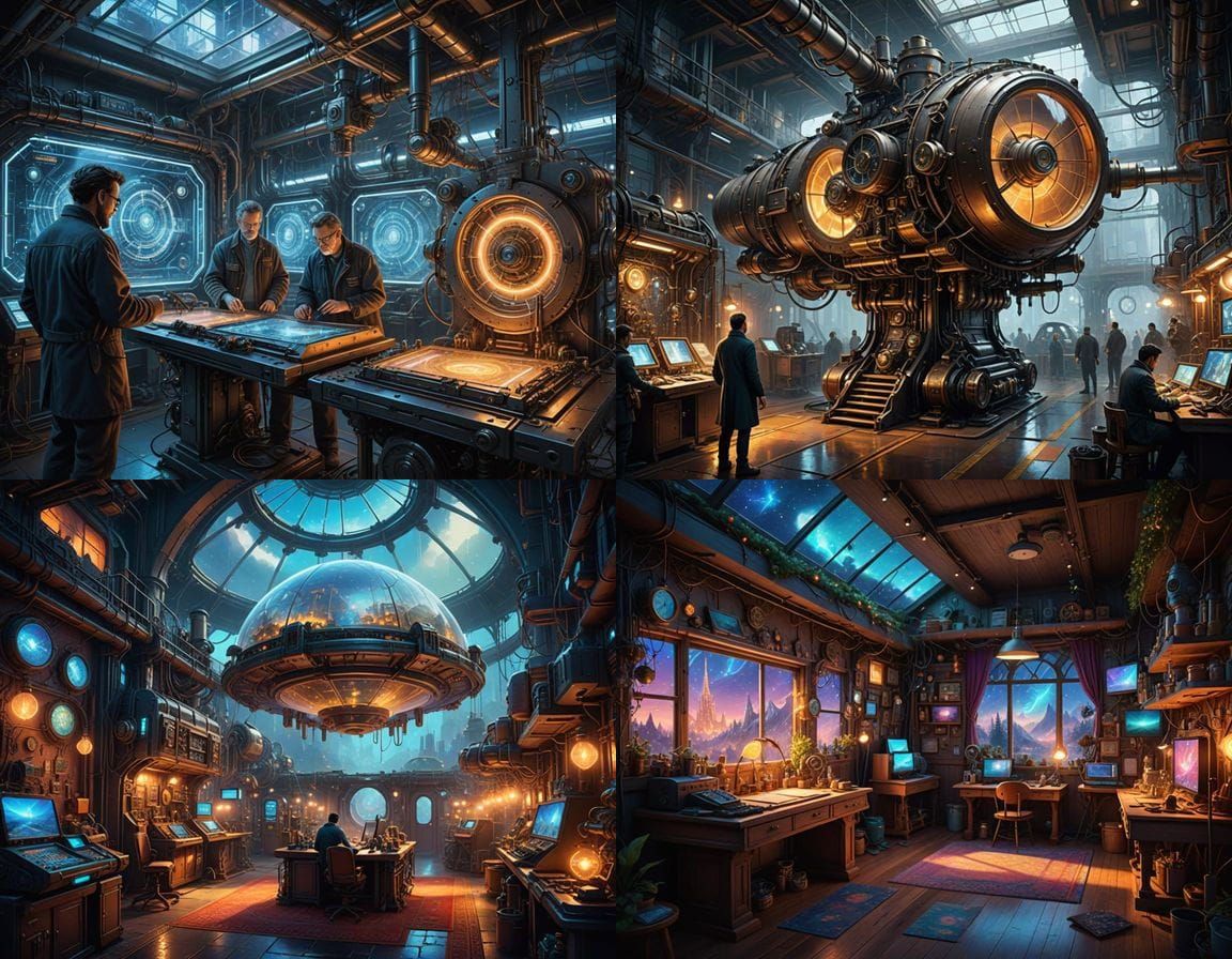 Inventors in a Futuristic Workshop Scene