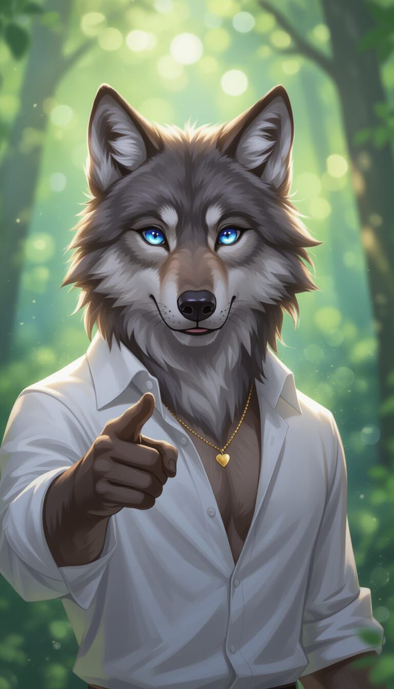 Anthropomorphic Wolf With Sapphire Eyes in Enchanting Forest