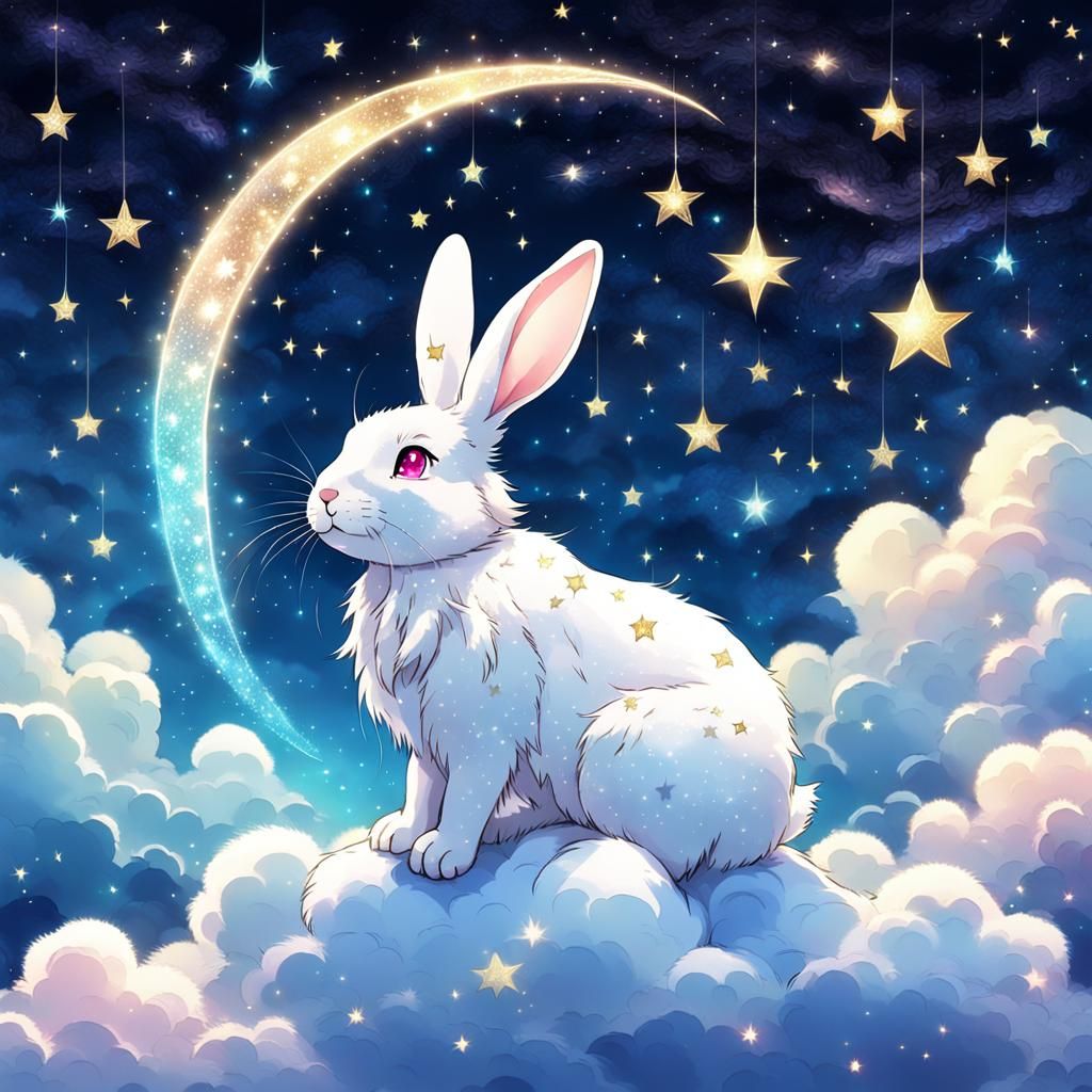 Whimsical Starry Dream: Rabbit Gazing at Moon