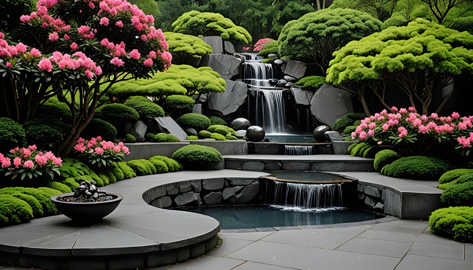 Tranquil Garden with Cascading Waterfalls at Dusk