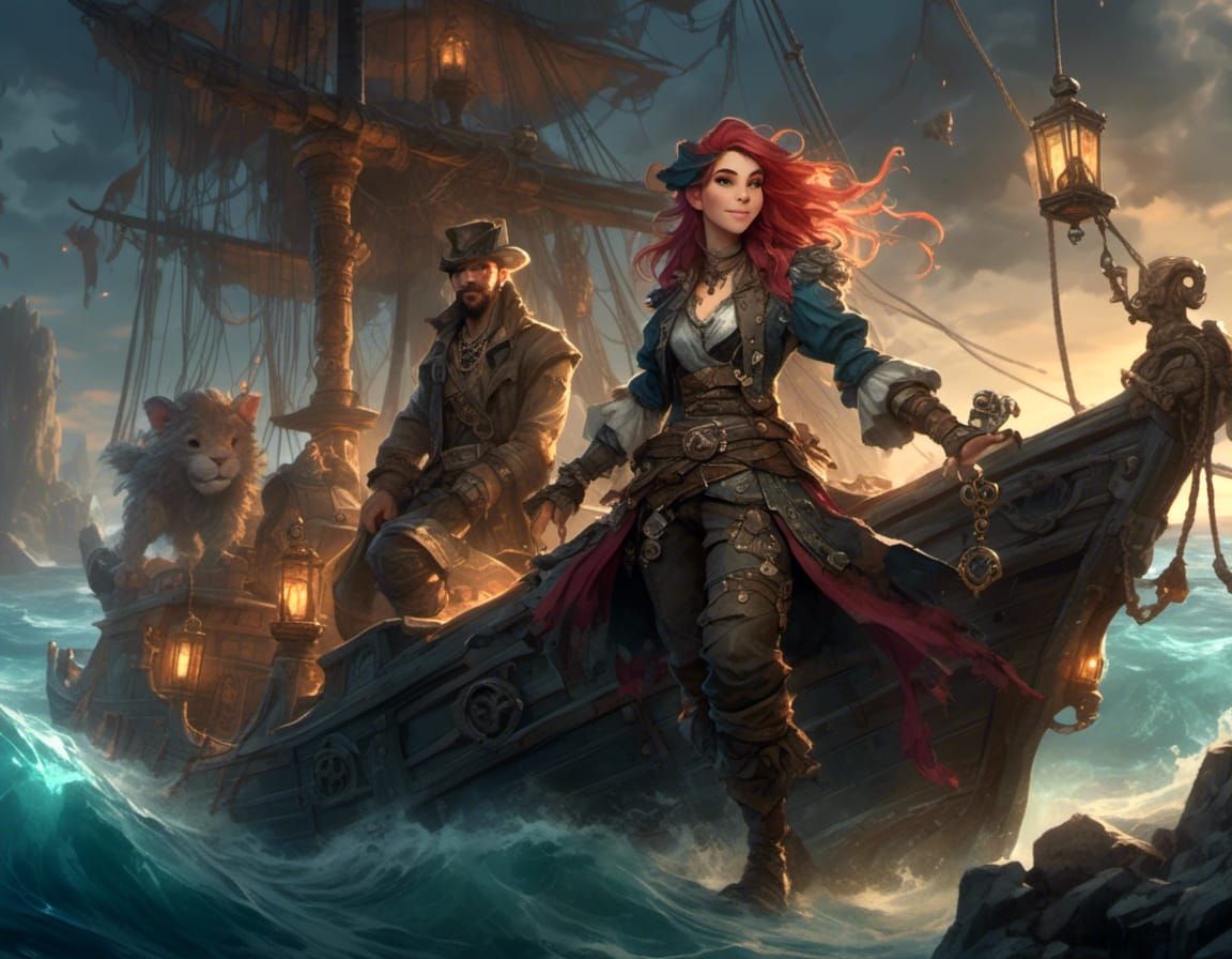 Gorgeous Pirate Captain with Glowing Hair in Art Nouveau Sty...