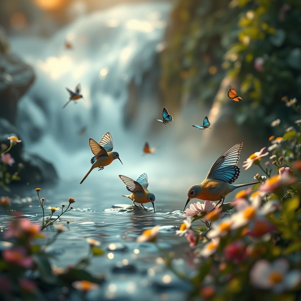 Alcohol Ink Birds and Butterflies by Waterfall