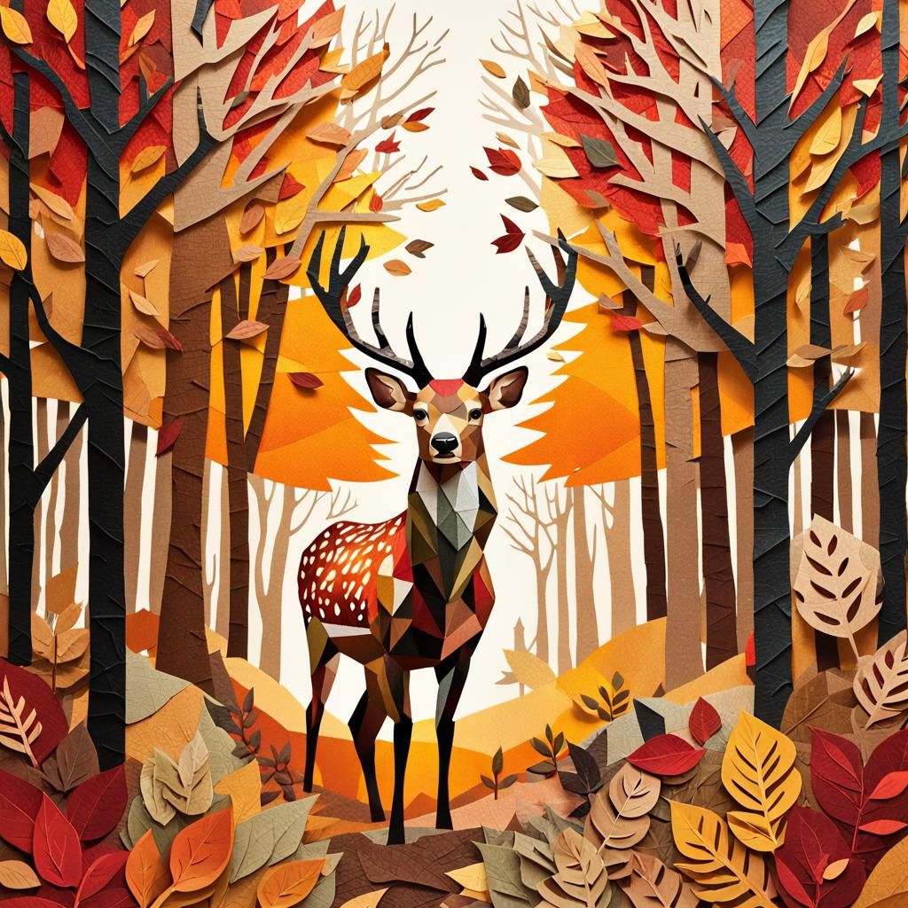 Autumn Deer in Forest, Paper Collage Art