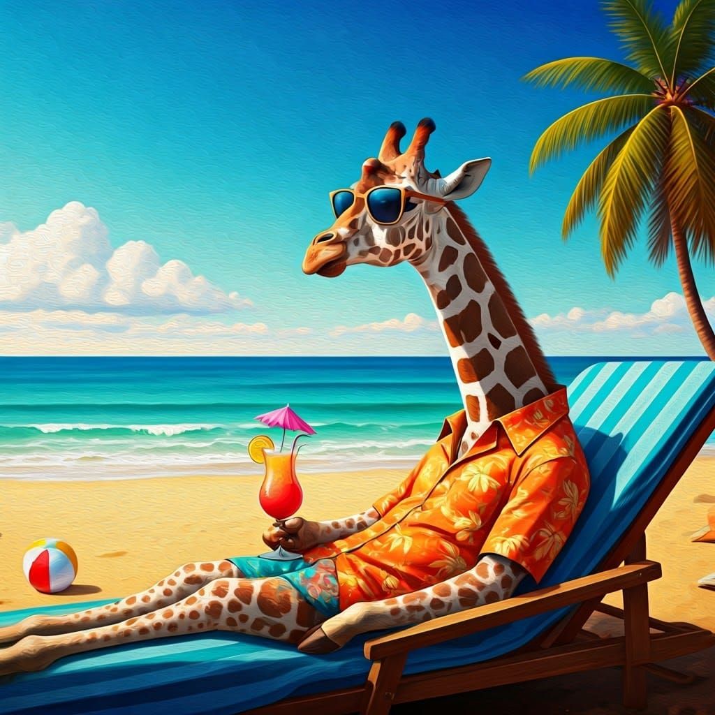 Surreal Giraffe Soaks Up Summer Vibes on Beach Sunbed