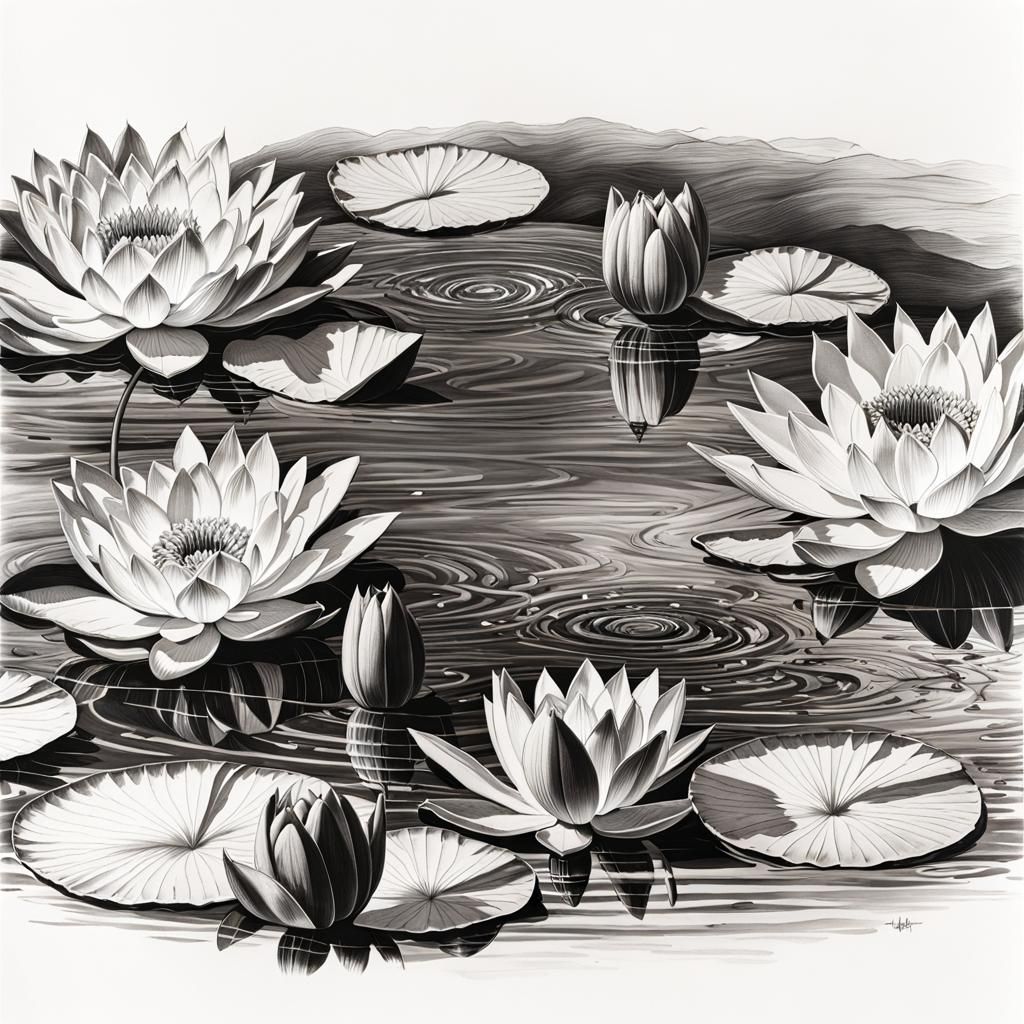 Detailed Botanic Ink Illustration of Water Lilies