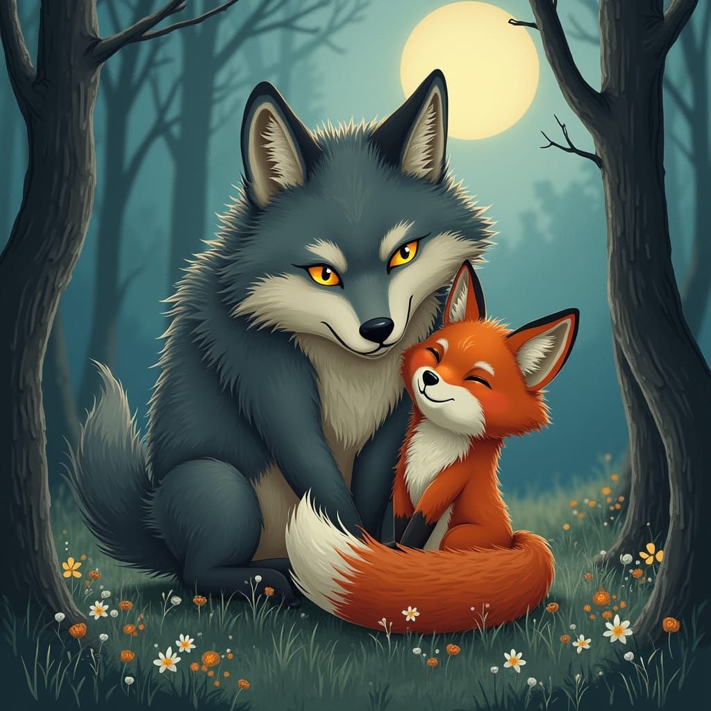Majestic Wolf Embraces Bushy-Tailed Fox in Whimsical Moonlit...
