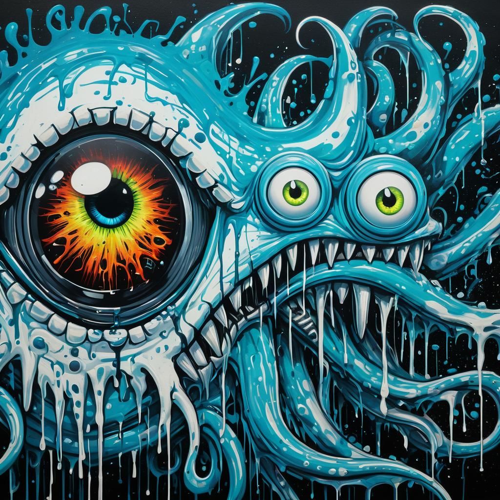 Bioluminescent Horror Figure in Graffiti Street Art Style