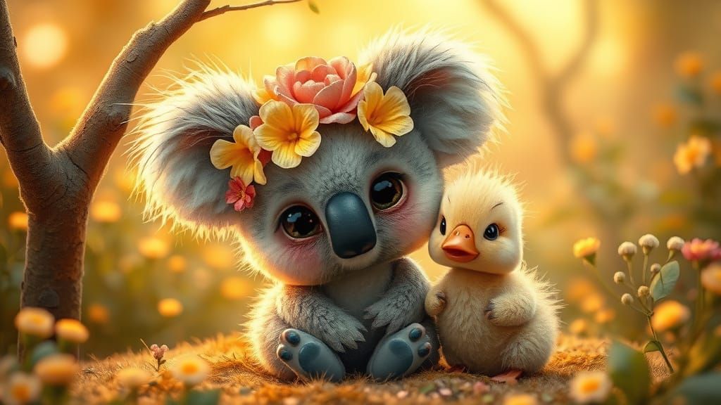 Cute Koala and Duckling in Magical Forest