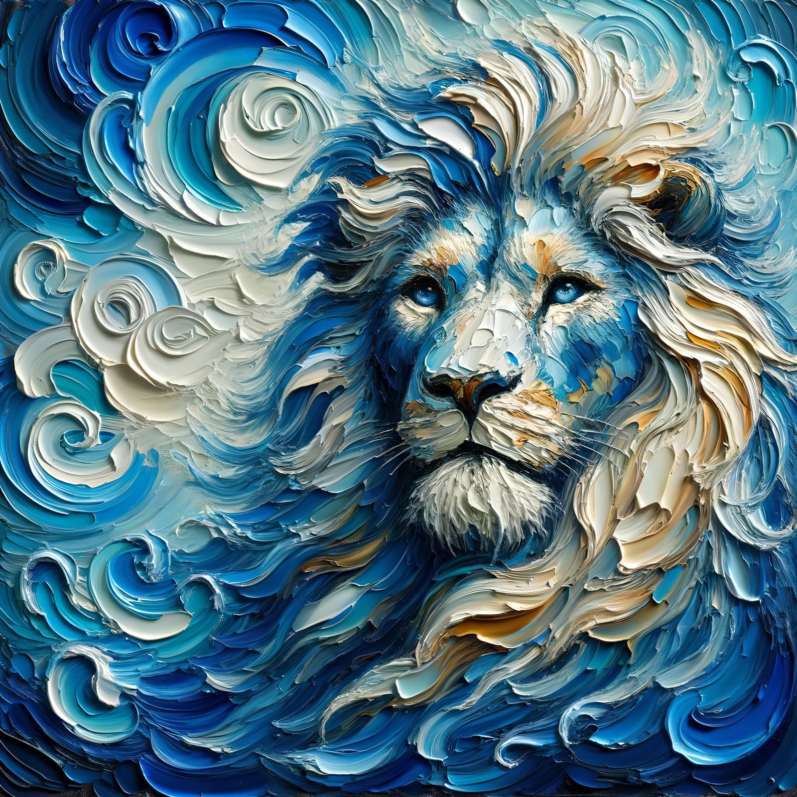 Majestic Lion with Cerulean Mane as Impasto Painting