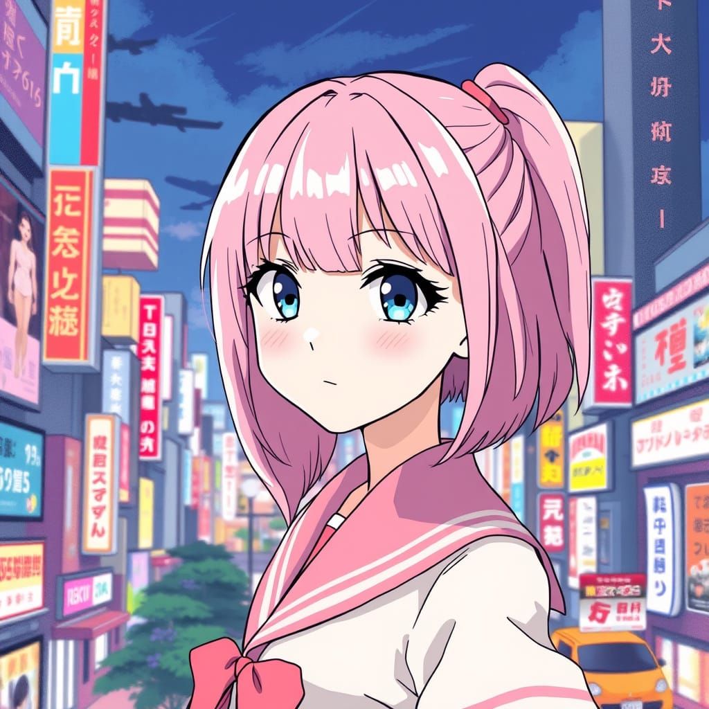 Anime Girl in Pastel School Uniform Amidst Vibrant Tokyo Cit...
