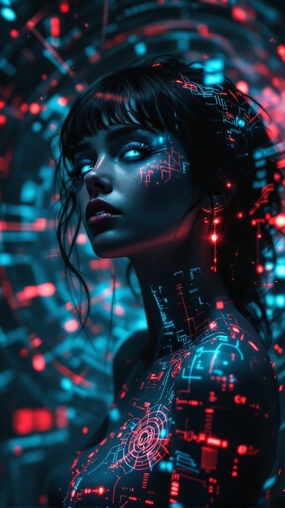 Mysterious Woman in Cyberpunk Digital Abyss