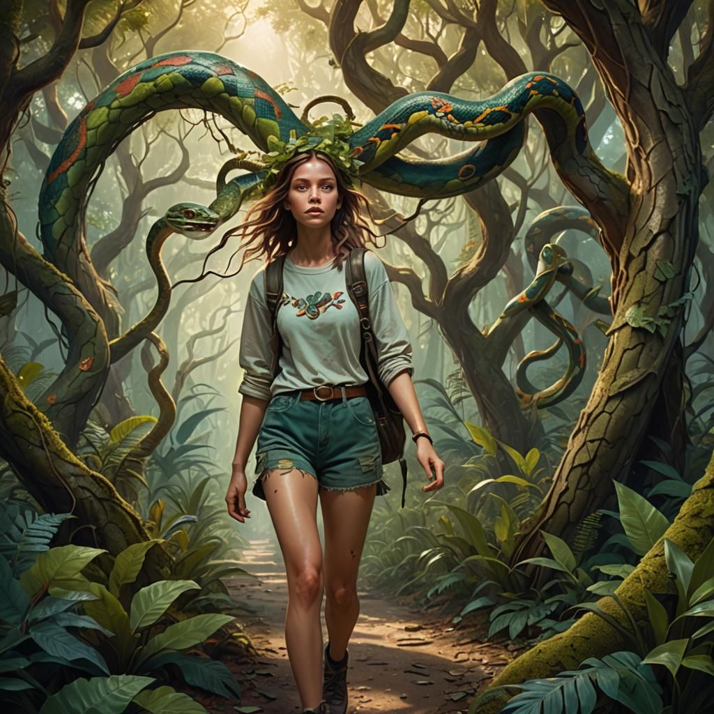 Girl in Forest with Snake: Digital Fantasy Art