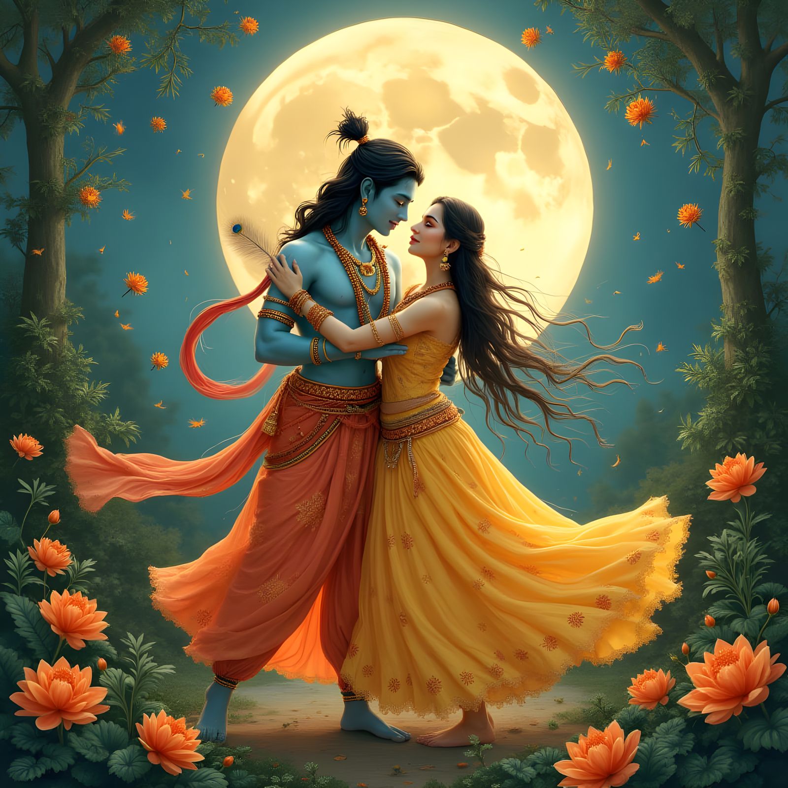 Dancing Radha Krishna in Vibrant Hindu Art