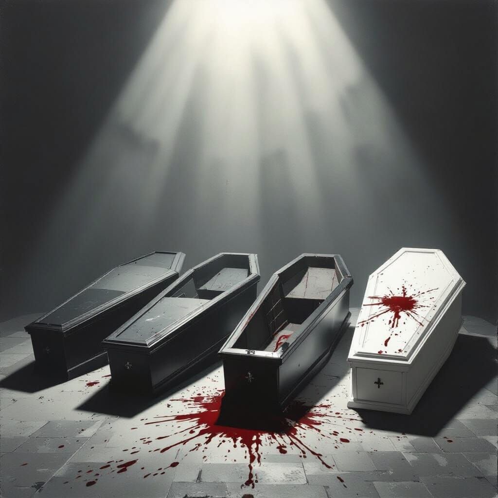 Five Coffins in Dark Room, One Blood Stained