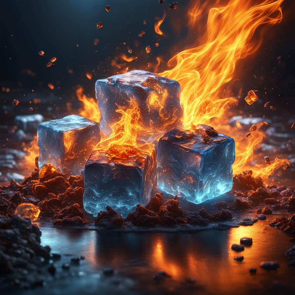 Fiery Ice Cubes in Detailed Digital Painting