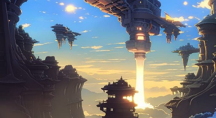 Big cruiser with laser engine and sky ships at twilight