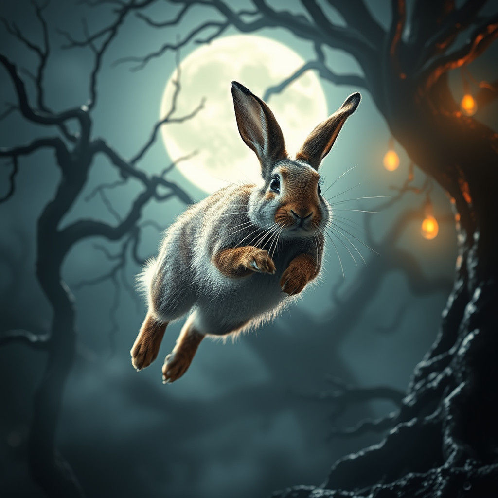 Hyperrealistic Rabbit Leaping in Misty Moonlight
