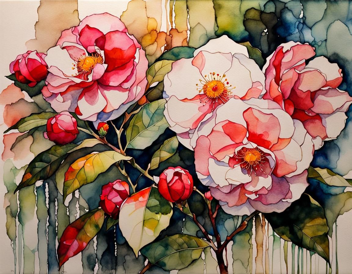 Ethereal Camellias: Expressionist Ink and Watercolor Sketch