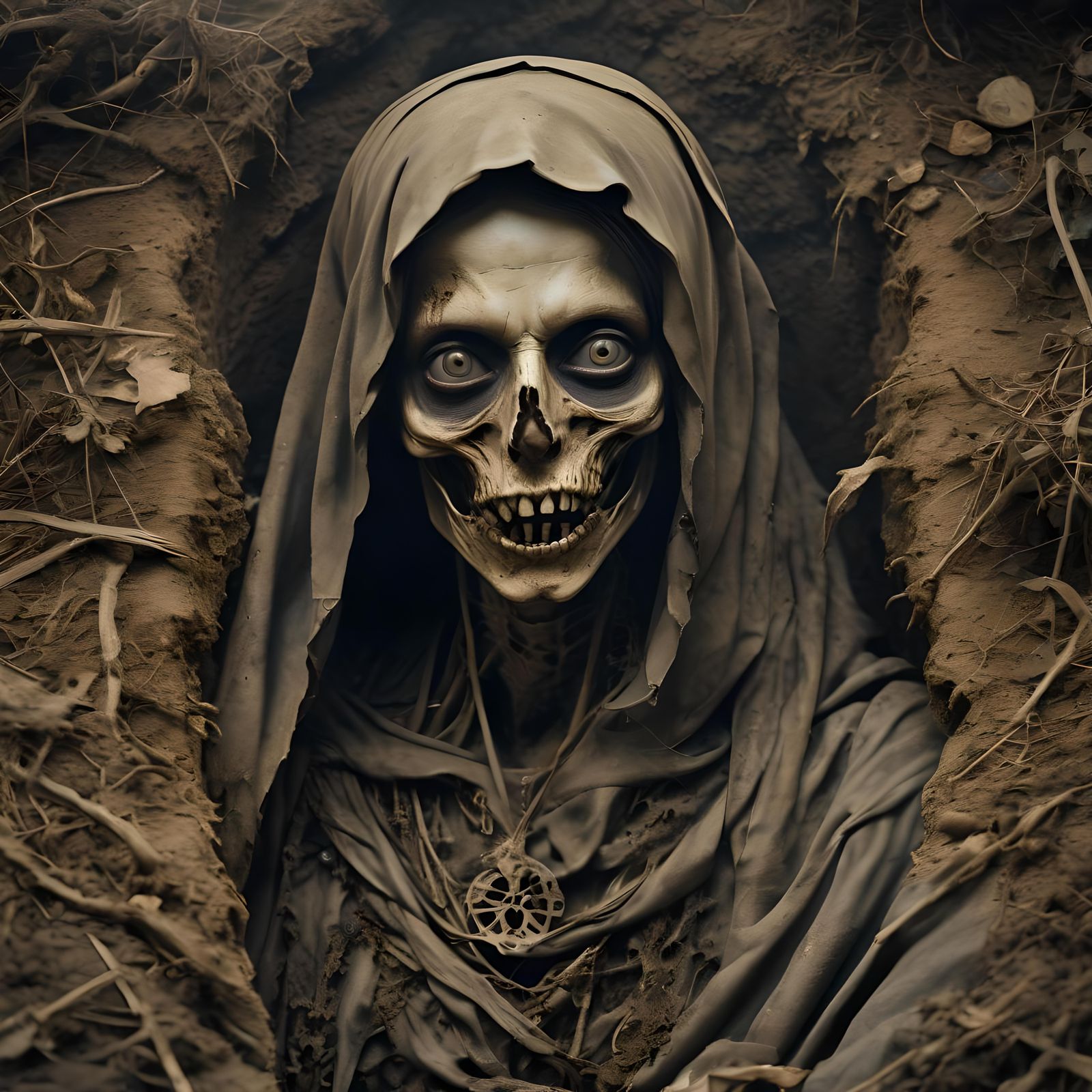 Macabre Horror: Woman Chewing Shroud in Grave