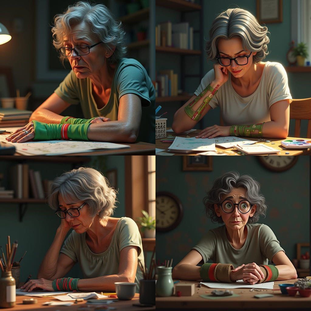 Weeping Woman Crafts in a Fantastical Scene