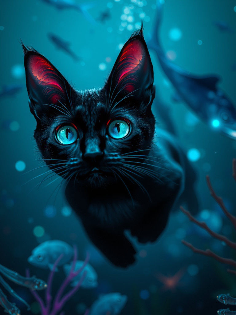 Aquatic Black Cat in Bioluminescent Underwater World