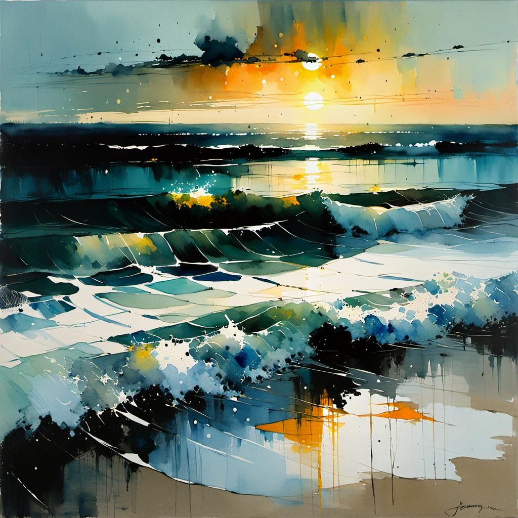 Watercolor Beach Sunset at Midnight
