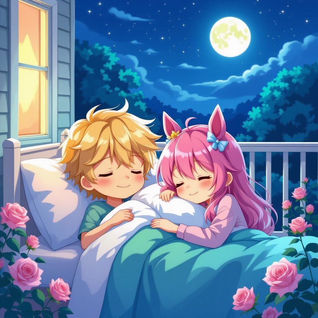 Anime Couple Sleeping Under Moonlight on Veranda