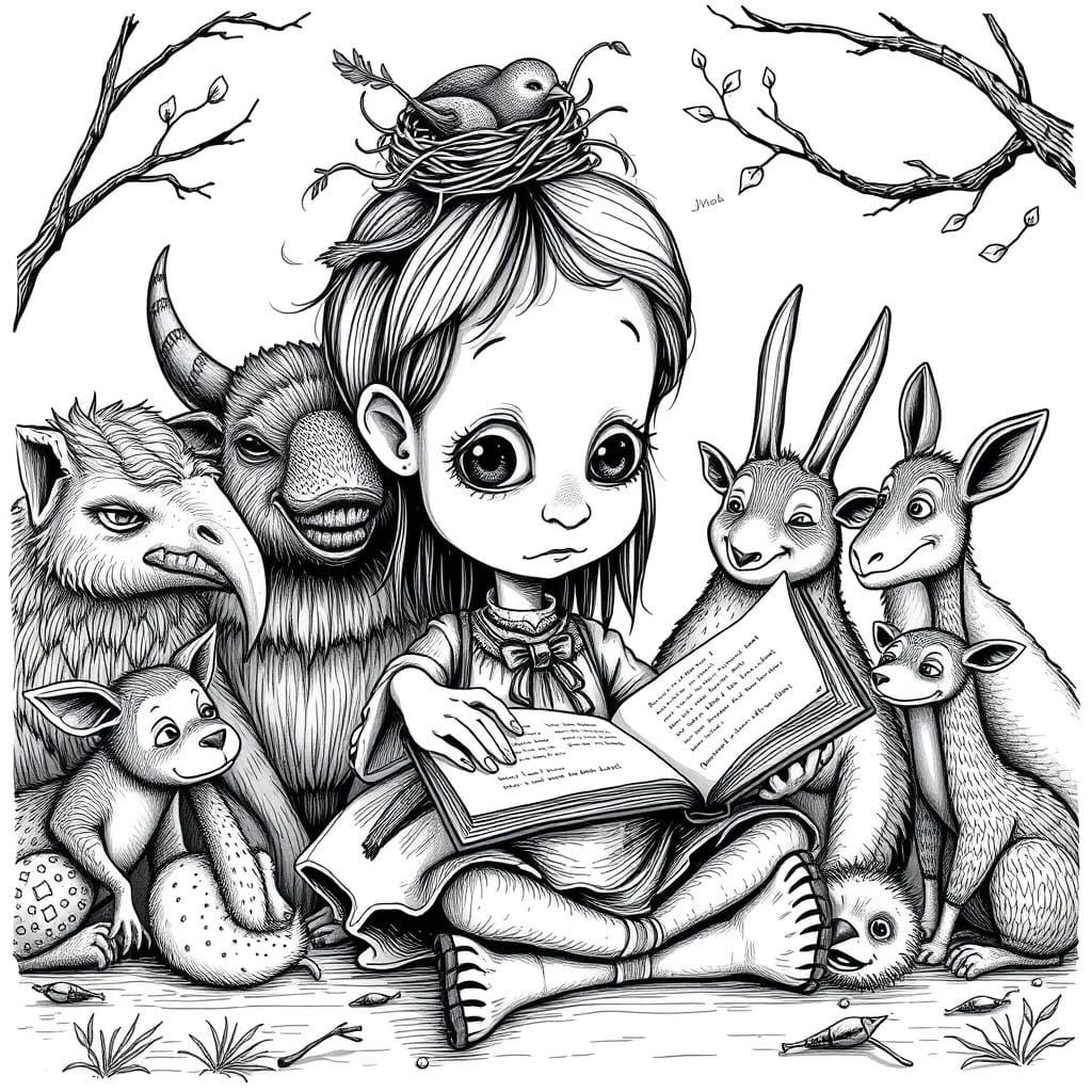 Whimsical Girl Reads to Fantastical Animals in a Hand-Drawn...