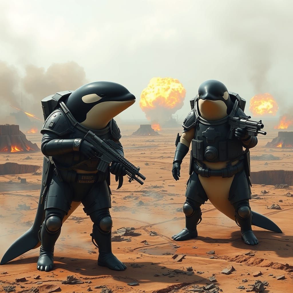 Futuristic Combat Orcas in Devastated Landscape